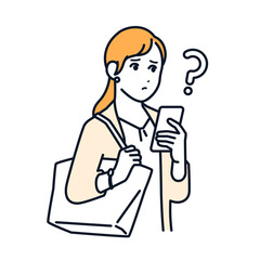 スマホを見て悩むビジネスウーマンのシンプルなベクターイラスト素材