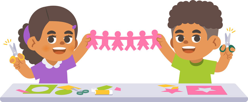 a black girl and a black boy doing the paper cut with imagination in art class on the table, illustration cartoon character vector design on white background. kid and education concept.