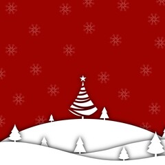 Red christmas background with snowflakes and christmas tree of the december christmas season.