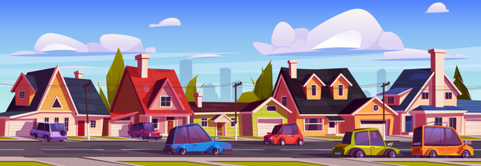 Suburb street with houses and driving cars, suburban with residential district with cottages and transport, countryside area with home facades, green trees and asphalt road Cartoon vector illustration