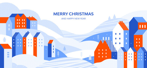 Winter urban landscape. Cute houses, city buildings among hills, snowdrifts and trees. Snow town panorama. Abstract horizontal banner with congratulatory text in geometric minimal flat vector style.