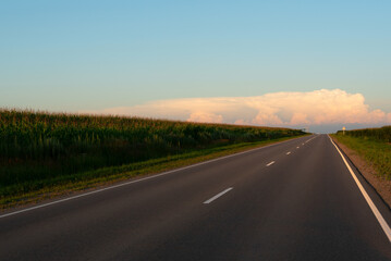 Fototapeta premium Beautiful orange sunset over the empty road with soft selective focus. Beauty of nature concept