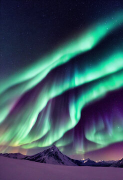 Snow mountains with background of Milky way , Huge aurora hanging in the clean dark purple night sky, sparkling stars as charming as diamonds, towering snow mountains, covered with layers of white sno