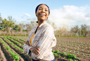 Woman, farm and thinking for agriculture farming harvest in a field in summer for eco friendly development. Gardener, gardening and growth with an african american female famer working on farmland © J Maas/peopleimages.com