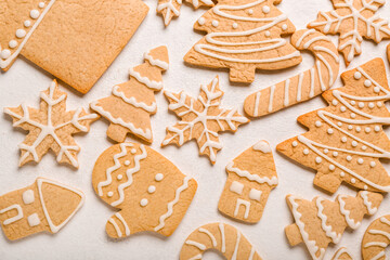 Set of different Christmas cookies on light background, closeup