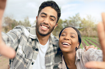 Selfie, happy and interracial couple farming for their small business, agriculture and working together on a farm. Sustainability, smile and man and woman with a picture on a field in the countryside
