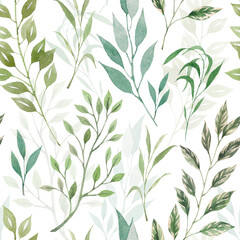 Fototapeta na wymiar Watercolor seamless pattern of green herbs and leaves. Ideal for designer decoration. Illustration of plants, greenery on a white background.