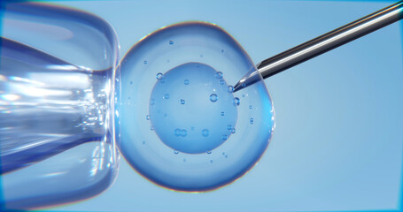 Laboratory procedure with an egg cell, and needle injection. In Vitro fertilization process through...
