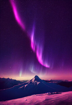 Snow mountains with background of Milky way , Huge aurora hanging in the clean dark purple night sky, sparkling stars as charming as diamonds, towering snow mountains, covered with layers of white sno