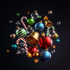 Christmas Stick Bell Candy Stars Ball Glass Object Ornaments Dark Orange Background 3D Render © natanaelginting