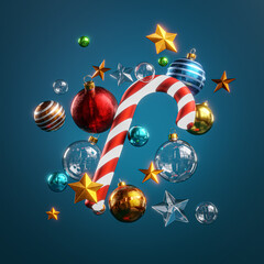 Christmas Stick Candy Stars Ball Glass Object Ornaments Blue Background 3D Render © natanaelginting