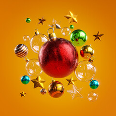 Red Christmas Ball Glass Object Ornaments Orange Background 3D Render © natanaelginting