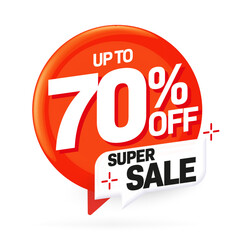 Up to 70 percent off super sale sticker label. Super special discount offer promotion. Marketing design element for website or social media vector illustration isolated on white background