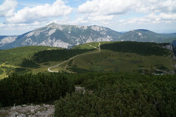 Rax Plateau and distinctive Mount Schneeberg in the background. Mountain scenery in Austria, Lower Austria.