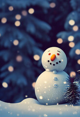 Merry Christmas and Happy New Year greeting card with copy space. Happy snowman standing in winter Christmas landscape. Snow background, bokeh, festive lights, winter wonderland, fairytale, snowfall