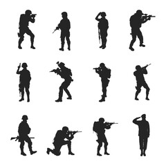 Soldier silhouettes, Military soldier silhouette set.