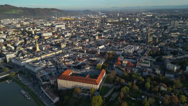 Aerial wide view around the city Linz an der Donau in Austria on a sunny autumn afternoon