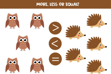 More, less or equal with cartoon lions and hedgehogs.
