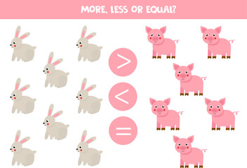 More, less or equal with cartoon pigs and rabbits.