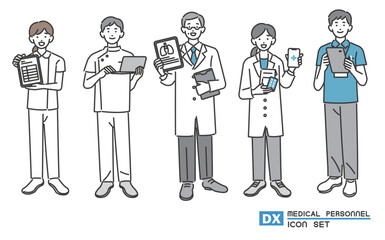 DX推進でタブレットやパソコンを持つ、福祉、医療従事者の人物のベクターイラスト素材／医者／看護師