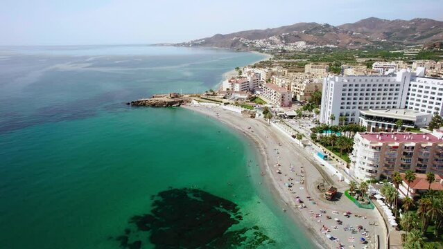 The drone aerial footage of Nerja, Andalusia, Spain. Nerja is a municipality on the Costa del Sol in the province of M&aacute;laga in the autonomous community of Andalusia in southern Spain.