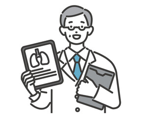 DX推進で電子カルテで説明する医者の人物のベクターイラスト素材／医者／看護師／タブレット