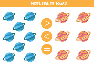 More, less or equal with cartoon Solar system planets.