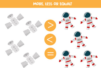 More, less or equal with cartoon satellite and astronaut.