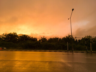 The Mountain Forest on Background of Sunset. Dramatic Sunset Sky