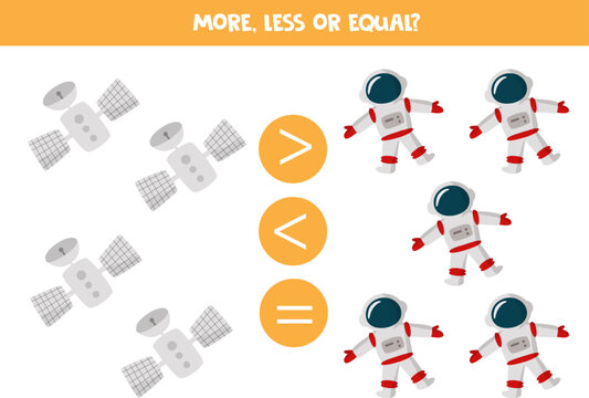 More, less or equal with cartoon satellite and astronaut.