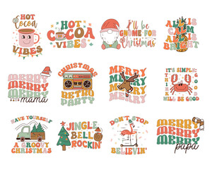Groovy Christmas prints set with different 70s style graphics and quotes-hot cocoa vibes, all is calm all is bright. Retro Christmas graphics. Stock vector clipart