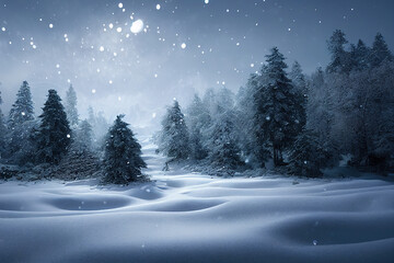 Fototapeta na wymiar Festive and fabulous Christmas trees in the snow, winter forest, magical Christmas night, Christmas background with copy space, winter wonderland, digital illustration