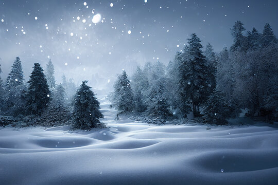 Festive and fabulous Christmas trees in the snow, winter forest, magical Christmas night, Christmas background with copy space, winter wonderland, digital illustration © Aetaer