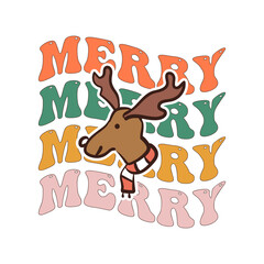 Groovy Christmas print with cute reindeer and quote-merry merry merry. Retro Christmas graphics. Stock vector clipart