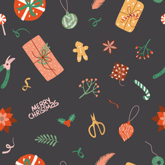Christmas seamless pattern with cute elements. Gifts, Christmas toys, mistletoe, branches of rowan tree, berries, gingerbread man. Vector illustration for wrapping paper, textile print, factory.