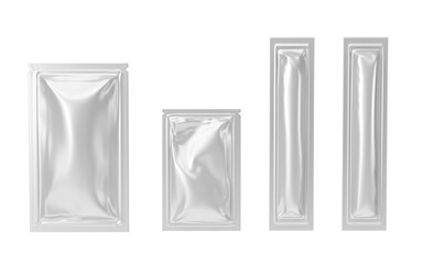 Blank silver foil sachet, mockup pouch bags and sticks for wet wipes, shampoo, coffee and sugar, 3d render. Realistic set isolated disposable packages for cosmetics samples and food