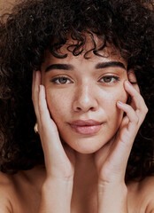 Beauty, portrait and natural face of black woman with healthy freckle skin texture touch....