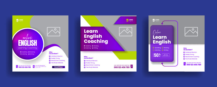 Modern learn English lessons social media post and IELTS coaching online language learning courses banner or square flyer poster template design