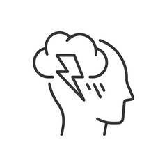 Human head with storm and lightning. Line icon. Editable stroke. Vector illustration.