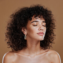 Woman, beauty and freckles, curly hair and facial treatment, makeup and body care aesthetics, shine...