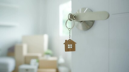 Close up man hold key with house keychain in hand in new apartment. move in new home. Buy or rent real estate. flat tenancy, leasehold property, new landlord, investment, dwelling, loan, mortgage. - Powered by Adobe