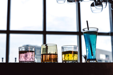 Close up varieties kind of cocktails on rooftop bar and restuarant, Bartender Concept