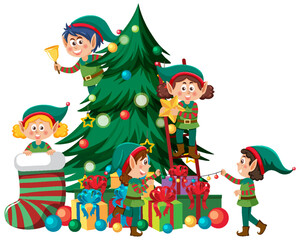 Obraz na płótnie Canvas Christmas tree with elves cartoon character