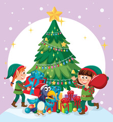 Obraz na płótnie Canvas Christmas tree with elves cartoon character
