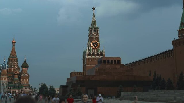 hyper lapse of Red Square in Moscow. St. Basil’s Cathedral, Spasskaya Tower and the mausoleum, Russia