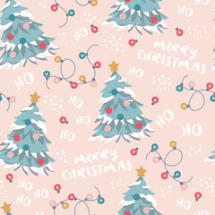 Seamless christmas pattern christmas tree and inscription merry christmas