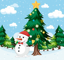 Snowman under Christmas tree outdoor background