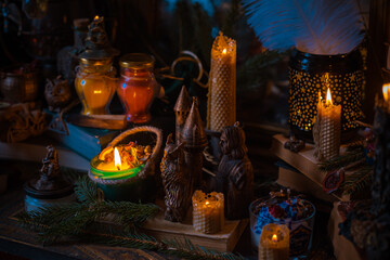 Illustration of magical stuff....candle light, magic wand, book of spells dark background, wizarding school, mystical aesthetic