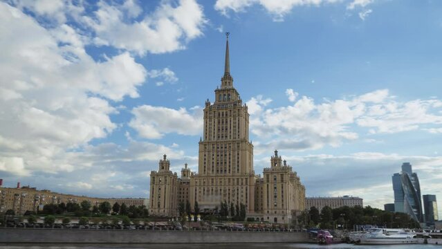 Hyper lapse of the Ukraine Hotel, the Moscow River and City business center, Russia