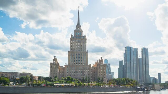 Hyper lapse of the Ukraine Hotel, the Moscow River and City business center, Russia